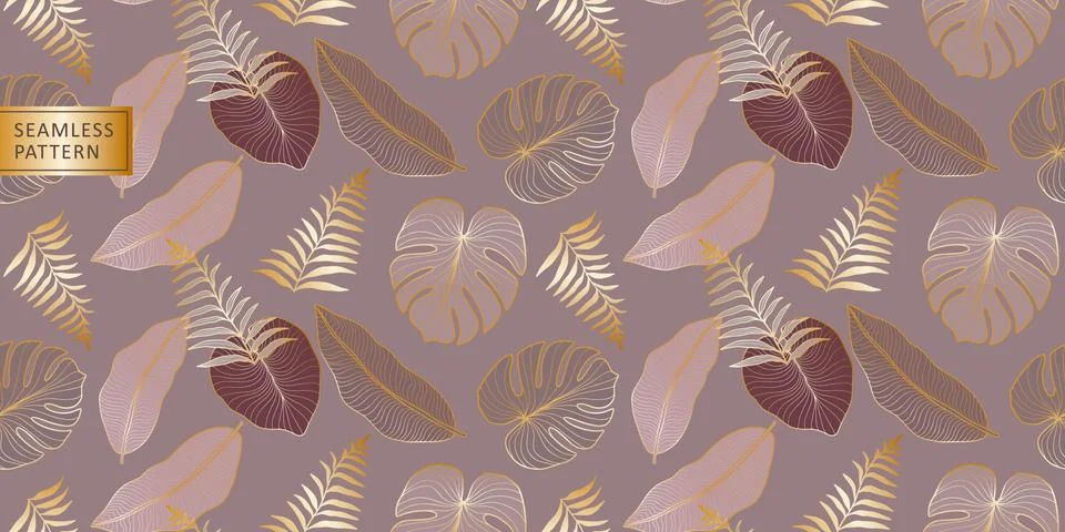 Vector seamless tropical pattern with golden palm leaves, banana leaves Stock Illustration