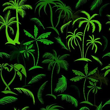 Vector seamless tropical pattern with palm tree on black background. Vector f Stock Illustration