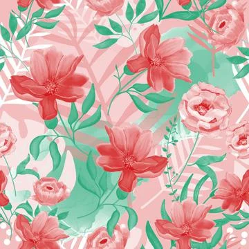 Vector Seamless Tropical Pattern  in Red and Green colors Stock Illustration