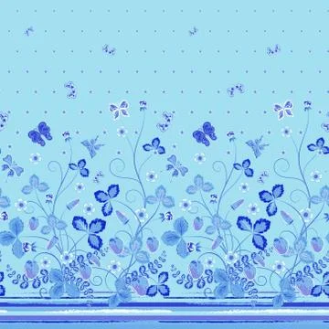 Vector seamless vertical pattern with Decorative blue strawberry and butterfly Illustrazione stock
