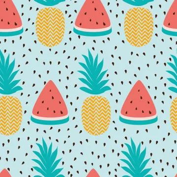 Vector seamless wallpaper pattern with watermelon slices pineapple summer fre Stock Illustration