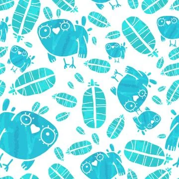 Vector Seamless Watercolor Pattern with Birds and Feathers Stock Illustration