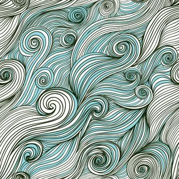 Vector seamless wave hand-drawn pattern, waves background (seamlessly tiling) Stock Illustration