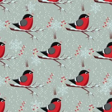 Vector seamless winter pattern with bird bullfinch sit on branch of rowan-tre Illustrazione stock
