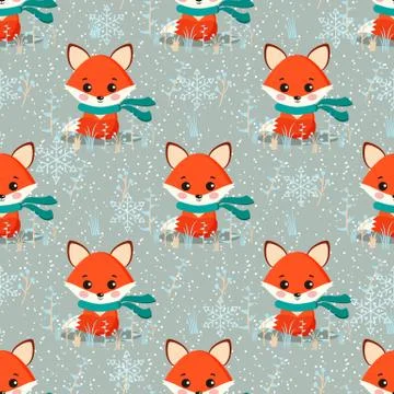 Vector seamless winter pattern with cute fox with scarf, plants, snowflakes o Stock Illustration