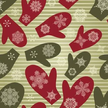 Vector seamless winter pattern with mittens and snowflakes Stock Illustration