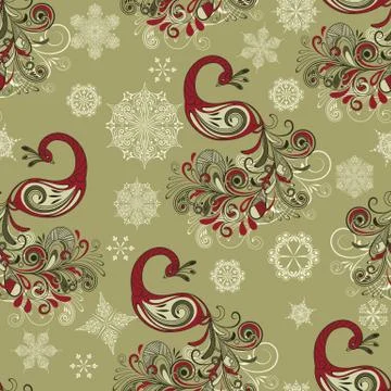 Vector seamless winter pattern with peacocks and snowflakes 스톡 일러스트