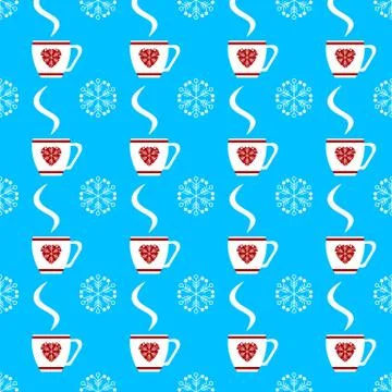 Vector seamless winter pattern with white cups and snowflakes ornament on blu Stock Illustration