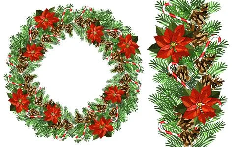 Vector seamless wreath and border with poinsettias, cones, fir branches, cand Stock Illustration