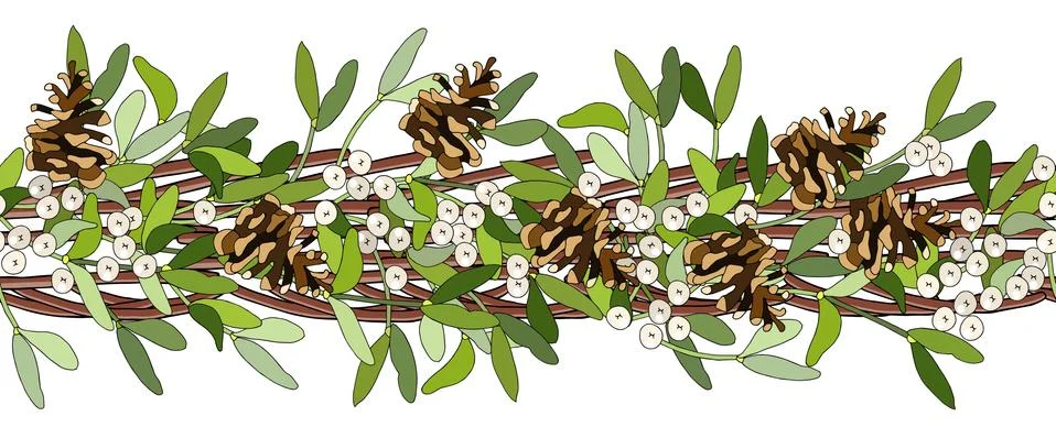 Vector seams border wreath with mistletoe, cones, branches isolated on white. Stock Illustration