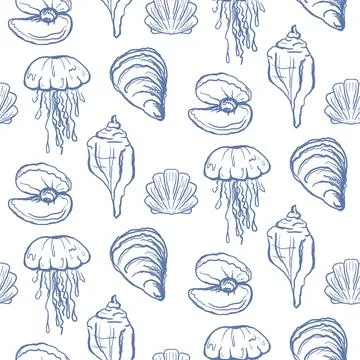 Vector seashells and sea animals seamless pattern. Sea shell icons Stock Illustration