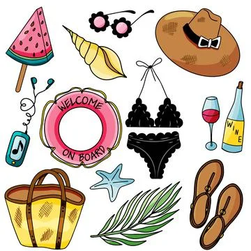 Vector seaside top view illustrations set with summer tropical beach accessories Stock Illustration