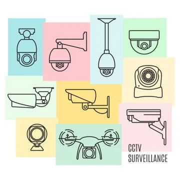 Vector security camera line icon set, flat design Stock Illustration