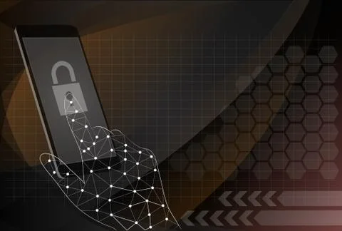 Vector security concept - hand and mobile phone with touchscreen and fingerpr Stock Illustration