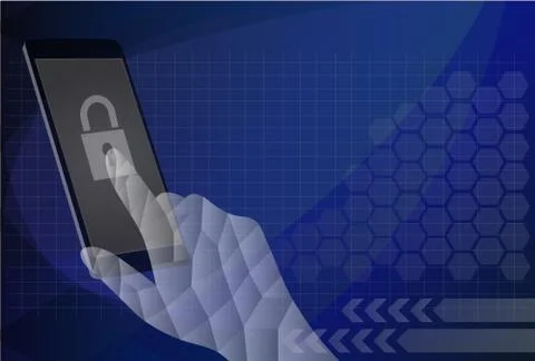 Vector security concept - hand and mobile phone with touchscreen and fingerpr Stock Illustration
