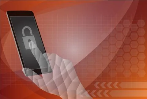 Vector security concept - hand and mobile phone with touchscreen and fingerpr Stock Illustration