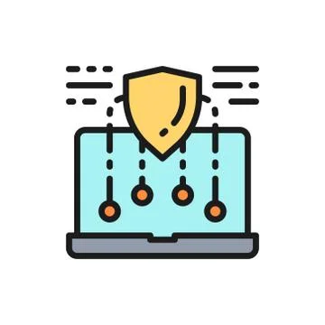 Vector security laptop, safe computer, web protect flat color line icon. Stock-Illustration