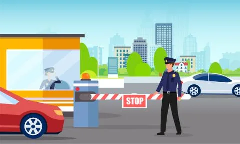 Vector of a security man and gate checking cars Stock Illustration