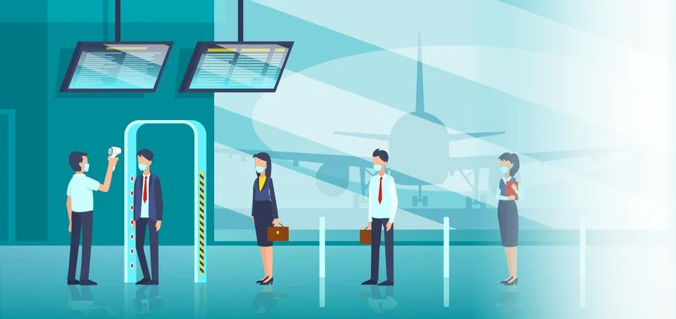 Vector of a security worker checking body temperature of passengers at the ai Stock Illustration