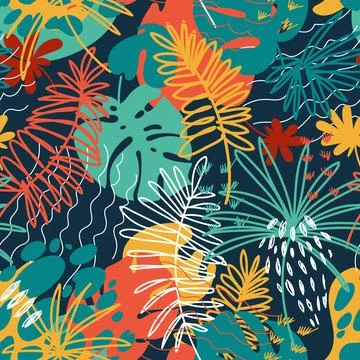 Vector semaless pattern with floral hand drawn elements. Bright color tropi.. Illustrazione stock