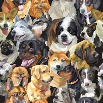 Vector semless pattern cute realistic dogs heads Stock Illustration