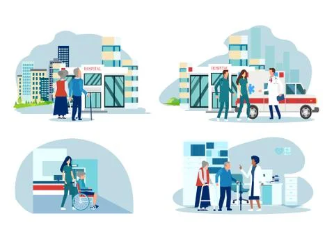 Vector of senior people being admitted in a hospital and assisted by doctor a Stock Illustration