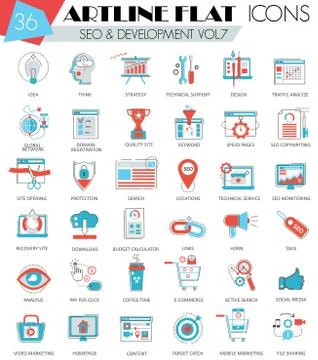 Vector SEO and development ultra modern outline artline flat line icons for web イラスト素材