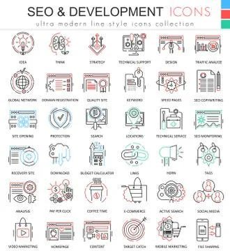 Vector SEO and development ultra modern color outline line icons for apps and Stock Illustration
