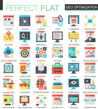 Vector Seo optimization complex flat icon concept. Web infographic icons design. Illustrazione stock