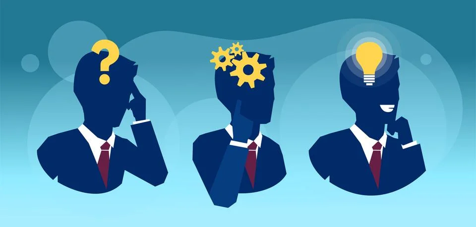 Vector sequence of a man thoughtful, thinking, finding solution with gear m.. Stock-Illustration