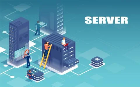 Vector of servers network and technical support personnel Stock Illustration