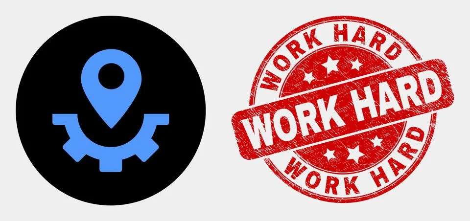 Vector Service Map Marker Icon and Grunge Work Hard Stamp Seal Stock Illustration
