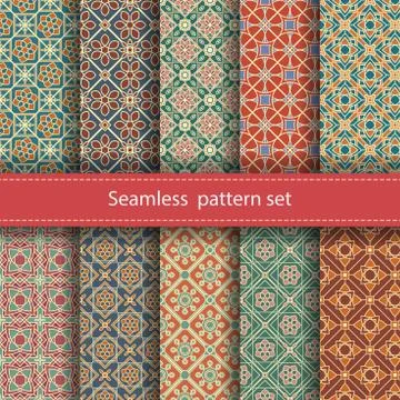 Vector set of 10 seamless mosaic patterns. Arabic tile texture with geometric イラスト素材