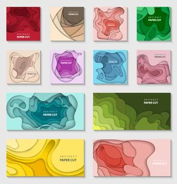 Vector set of 12 backgrounds with gradient colors paper cut shapes. Stock Illustration