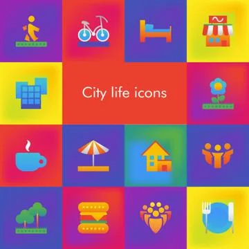 Vector set of 14 icons showing city life in brutalism material design style Stock Illustration
