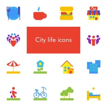 Vector set of 14 icons showing city life in flat material design style Stock Illustration
