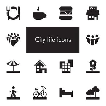Vector set of 14 icons showing city life in one color Illustrazione stock