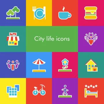 Vector set of 14 icons showing city life in outline style Stock Illustration