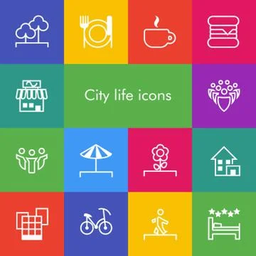 Vector set of 14 icons showing city life in outline style Stock Illustration