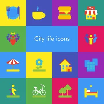 Vector set of 14 icons showing city life in flat material design style Stock Illustration
