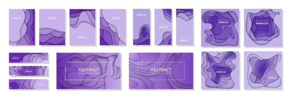 Vector set of 16 backgrounds with deep violet color paper cut shapes. Illustration