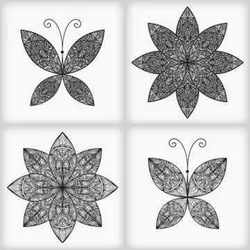 Vector set with 2 butterflies and 2 flowers Stock Illustration