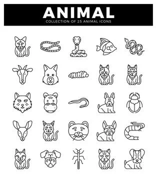 Vector set of 25 animal icons with clean line art on white background. symb.. Stock Illustration