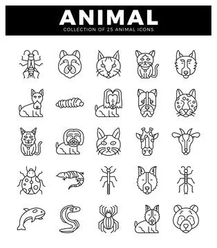 Vector set of 25 animal icons in a clean. minimalist line art style on a wh.. Stock Illustration