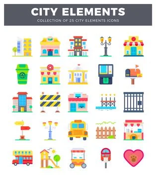 Vector set of 25 city element icons with flat design and vibrant colors on .. Illustrazione stock