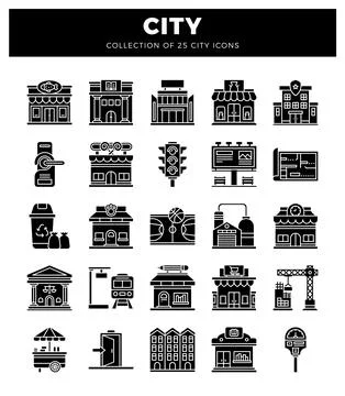Vector set of 25 flat black city icons in a grid layout on a white background Stock Illustration