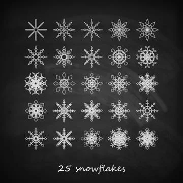 Vector set of 25  graceful snowflakes on the blackboard background Stock Illustration
