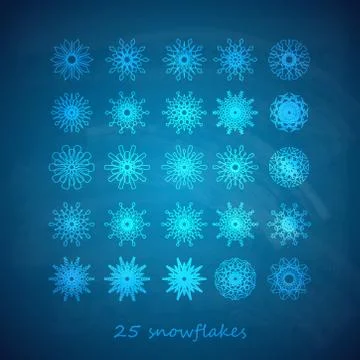 Vector set of 25  graceful snowflakes on the blue frosty background Stock Illustration