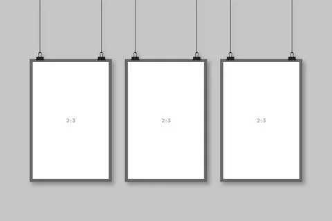 Vector Set of 3 Blank Hanging Poster Frame Mockups with 2:3 Ratio for Galle.. Stock Illustration