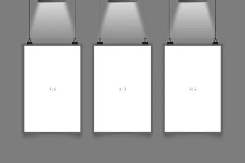 Vector Set of 3 Blank Hanging Frames with Spotlights, Vertical Poster Mocku.. Stockillustratie